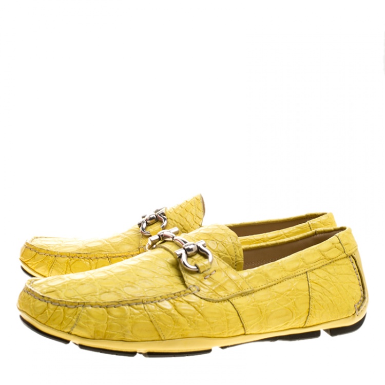 مملوكة مسبقًا Salvatore Ferragamo Yellow Crocodile Leather Parigi Bit Loafers Size 42.5