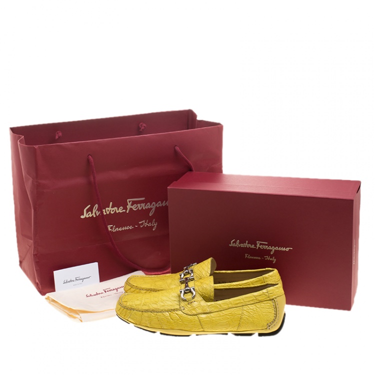 مملوكة مسبقًا Salvatore Ferragamo Yellow Crocodile Leather Parigi Bit Loafers Size 42.5