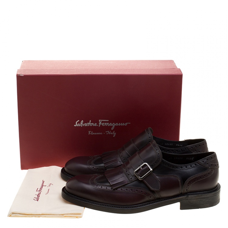 Pre Owned Salvatore Ferragamo Two Tone Brogue Leather Genesis Fringe Detail Wingtip Loafers Size 42.5