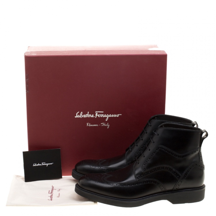 Pre Owned Salvatore Ferragamo Black Brogue Leather Gaiano Wing Tip Ankle Boots Size 43.5