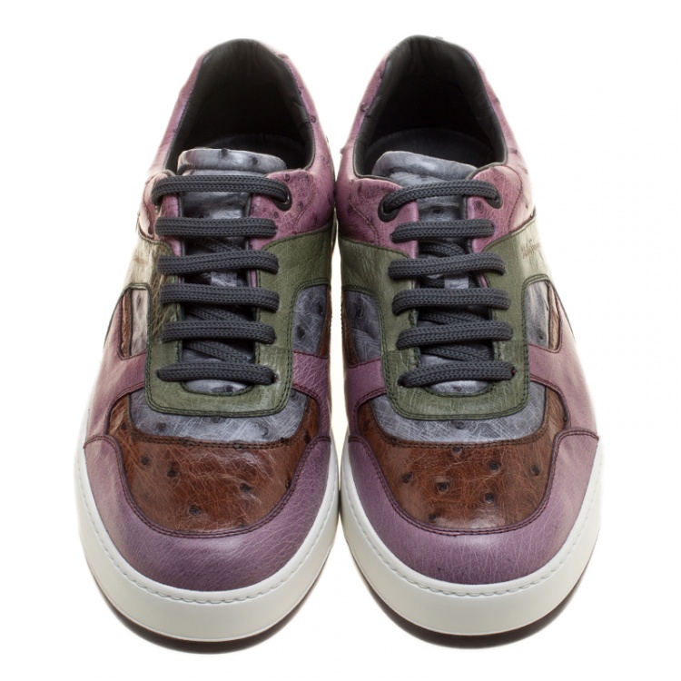 Pre Owned Salvatore Ferragamo Tricolor Ostrich Leather Marat Low Top Sneakers Size 43