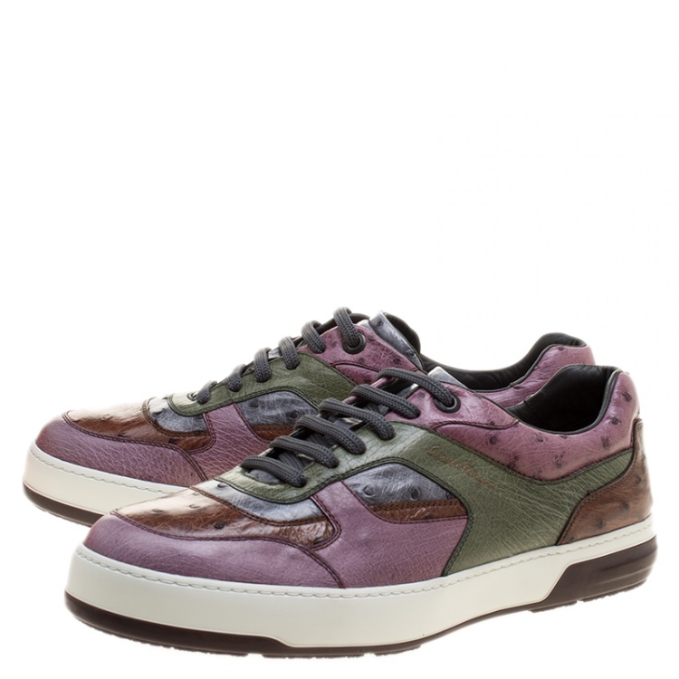 Pre Owned Salvatore Ferragamo Tricolor Ostrich Leather Marat Low Top Sneakers Size 43