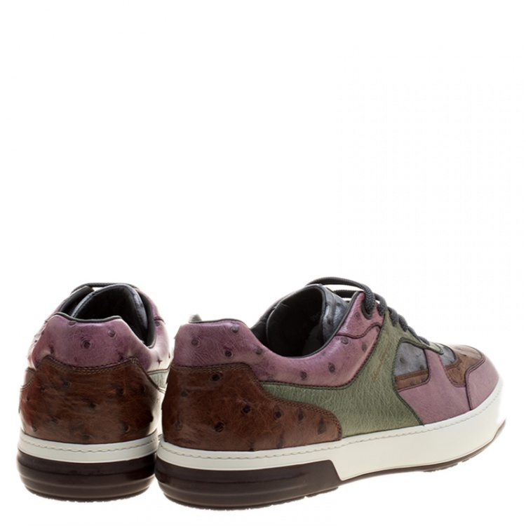 Pre Owned Salvatore Ferragamo Tricolor Ostrich Leather Marat Low Top Sneakers Size 43