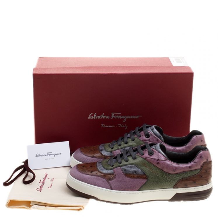 Pre Owned Salvatore Ferragamo Tricolor Ostrich Leather Marat Low Top Sneakers Size 43
