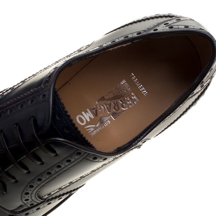Pre Owned Salvatore Ferragamo Navy Blue Brogue Leather Gabriele Derby Size 42.5