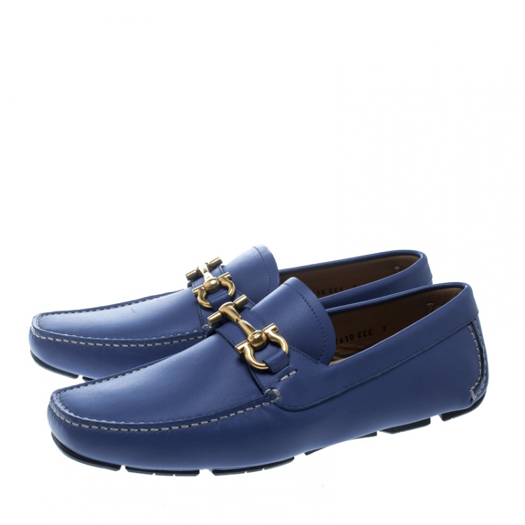 Pre Owned Salvatore Ferragamo Blue Leather Parigi Gancini Driver Loafers Size 41