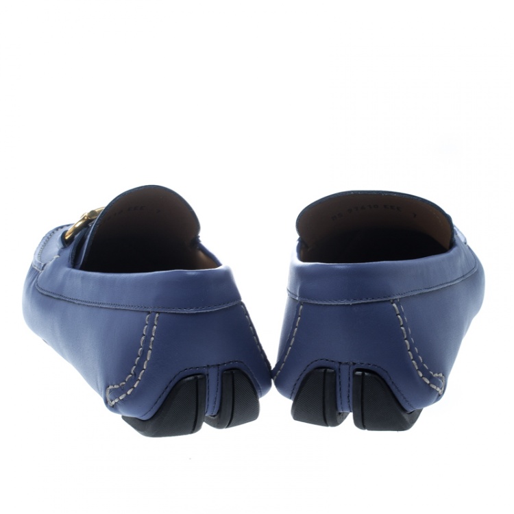 Pre Owned Salvatore Ferragamo Blue Leather Parigi Gancini Driver Loafers Size 41
