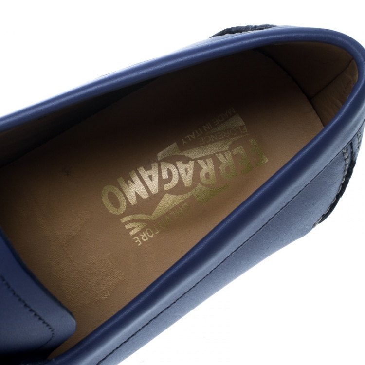 Pre Owned Salvatore Ferragamo Blue Leather Parigi Gancini Driver Loafers Size 41