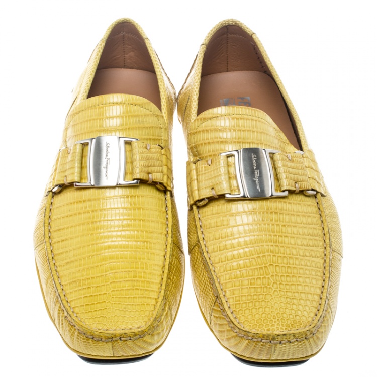 Pre Owned Salvatore Ferragamo Yellow Lizard Sardegna Loafers Size 42