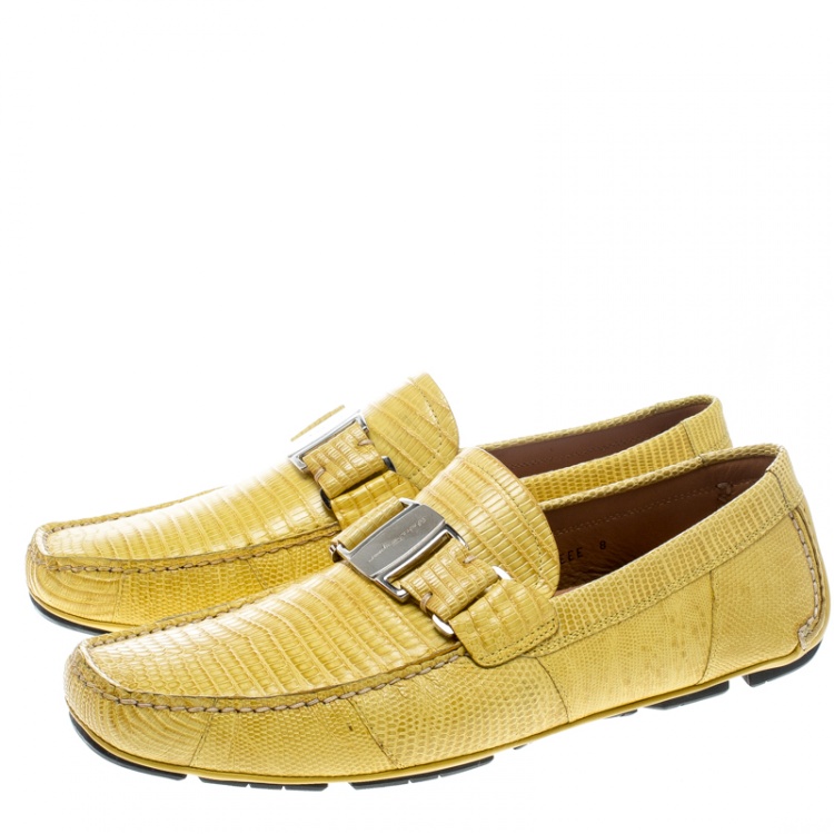 Pre Owned Salvatore Ferragamo Yellow Lizard Sardegna Loafers Size 42