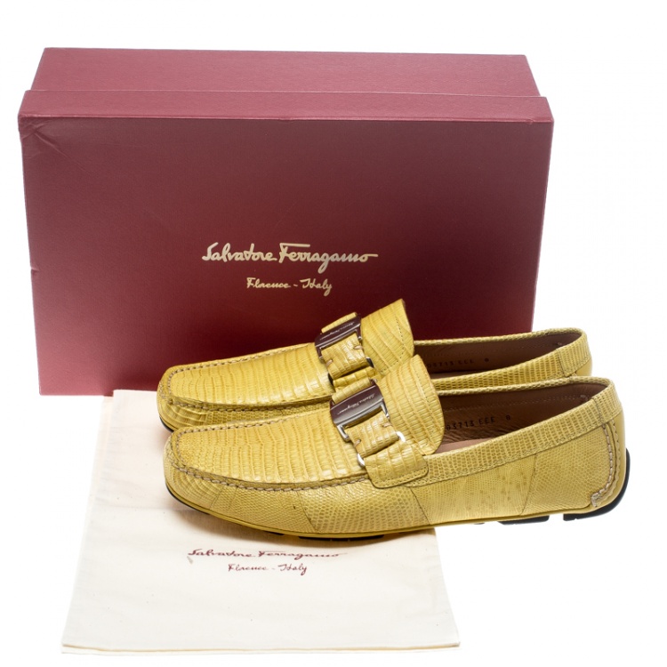Pre Owned Salvatore Ferragamo Yellow Lizard Sardegna Loafers Size 42