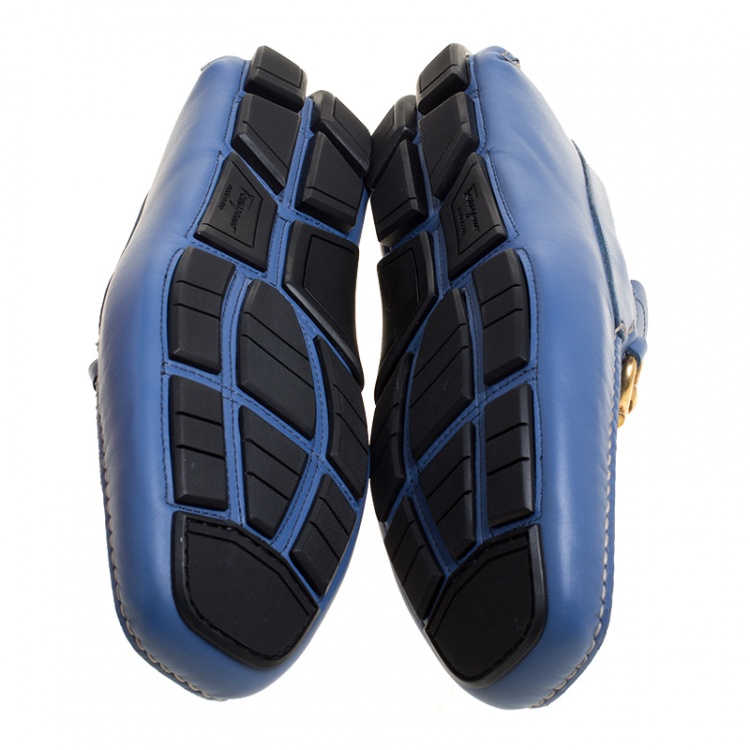 Pre Owned Salvatore Ferragamo Blue Leather Parigi Gancini Driver Loafers Size 44