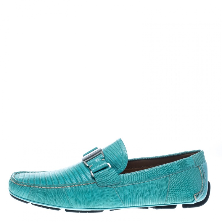 Pre Owned Salvatore Ferragamo Aqua Green Lizard Sardegna Loafers Size 42