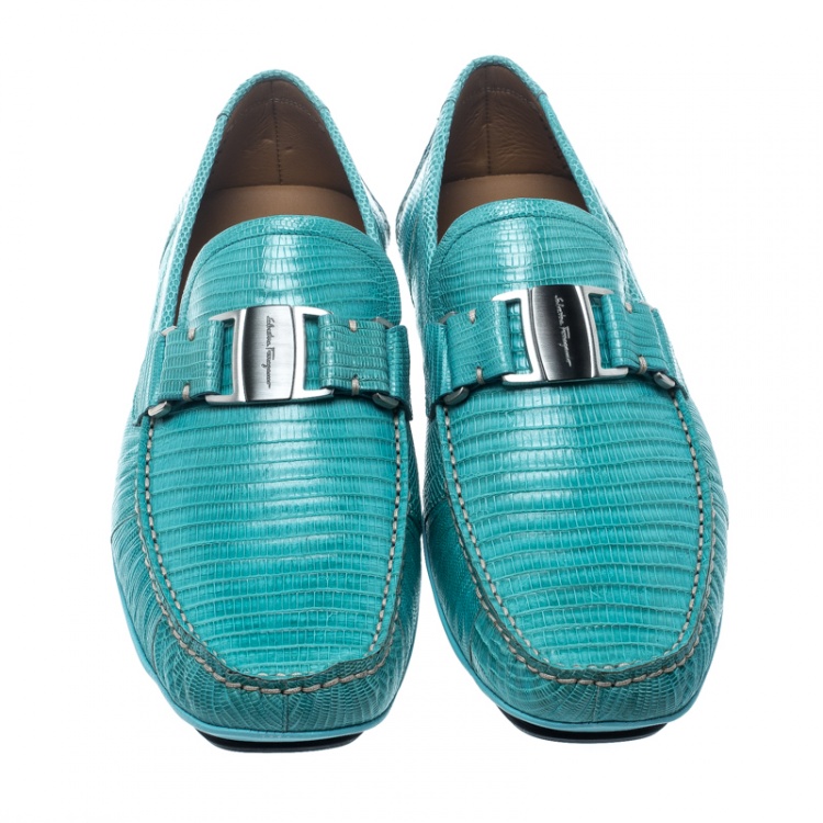 Pre Owned Salvatore Ferragamo Aqua Green Lizard Sardegna Loafers Size 42