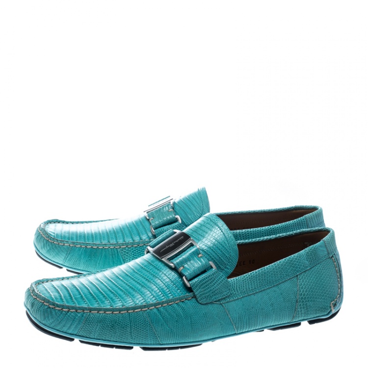 Pre Owned Salvatore Ferragamo Aqua Green Lizard Sardegna Loafers Size 42