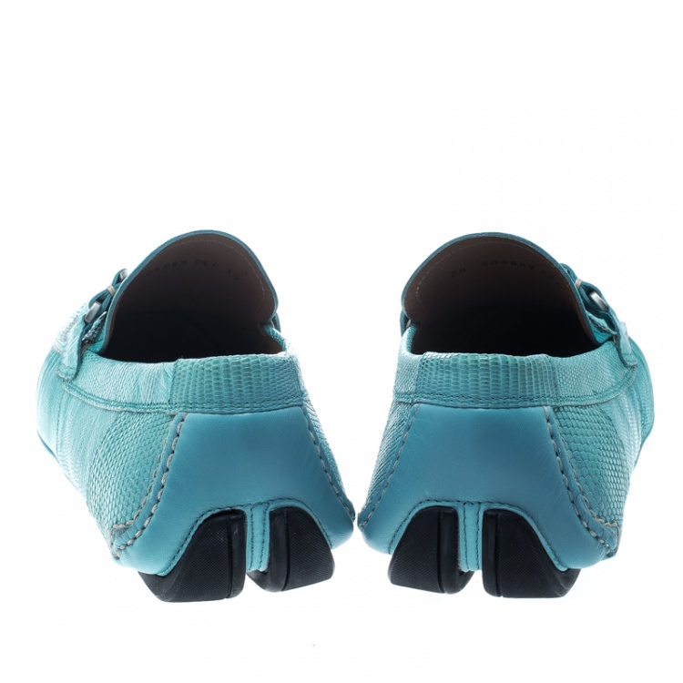 Pre Owned Salvatore Ferragamo Aqua Green Lizard Sardegna Loafers Size 42