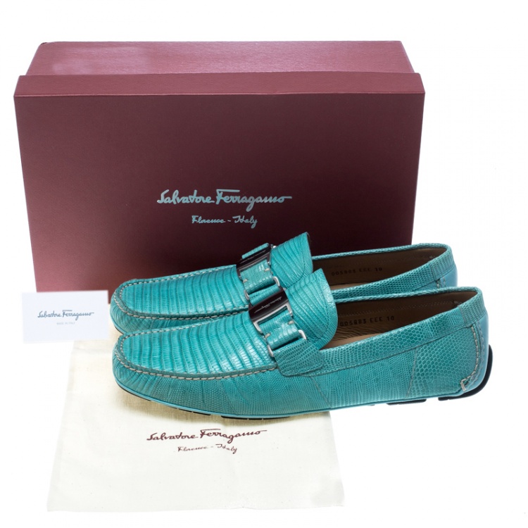 Pre Owned Salvatore Ferragamo Aqua Green Lizard Sardegna Loafers Size 42