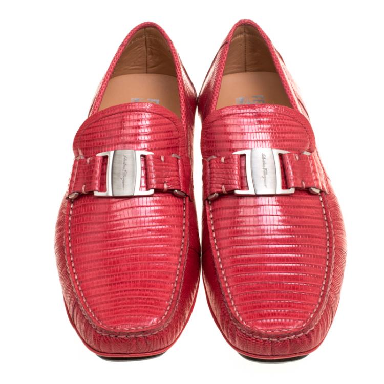 Pre Owned Salvatore Ferragamo Coral Red Lizard Sardegna Loafers Size 44