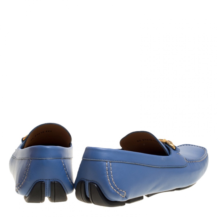 مملوكة مسبقًا Salvatore Ferragamo Blue Leather Parigi Gancini Driver Loafers Size 44.5