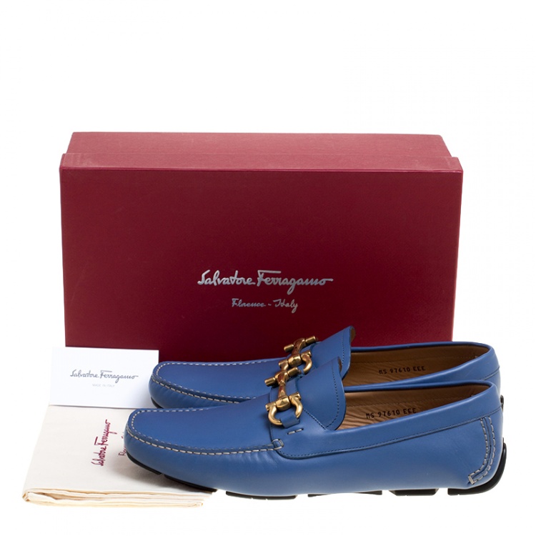 مملوكة مسبقًا Salvatore Ferragamo Blue Leather Parigi Gancini Driver Loafers Size 44.5