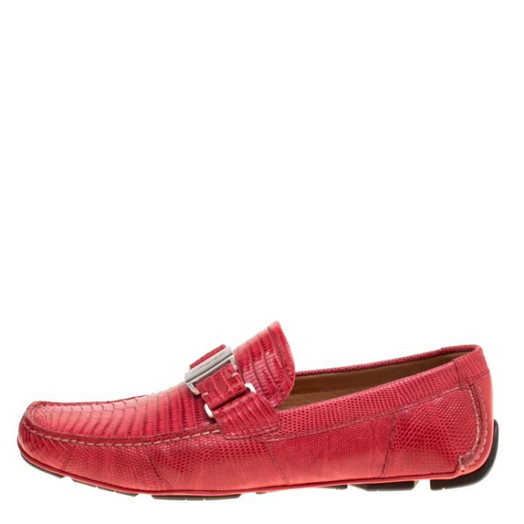 Pre Owned Salvatore Ferragamo Coral Red Lizard Sardegna Loafers Size 42