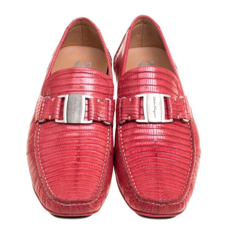 Pre Owned Salvatore Ferragamo Coral Red Lizard Sardegna Loafers Size 42
