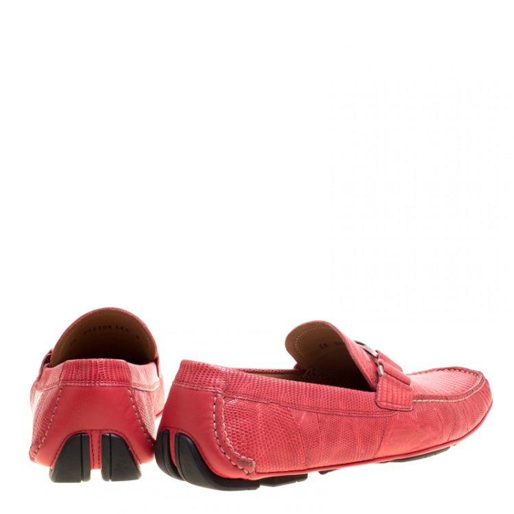Pre Owned Salvatore Ferragamo Coral Red Lizard Sardegna Loafers Size 42