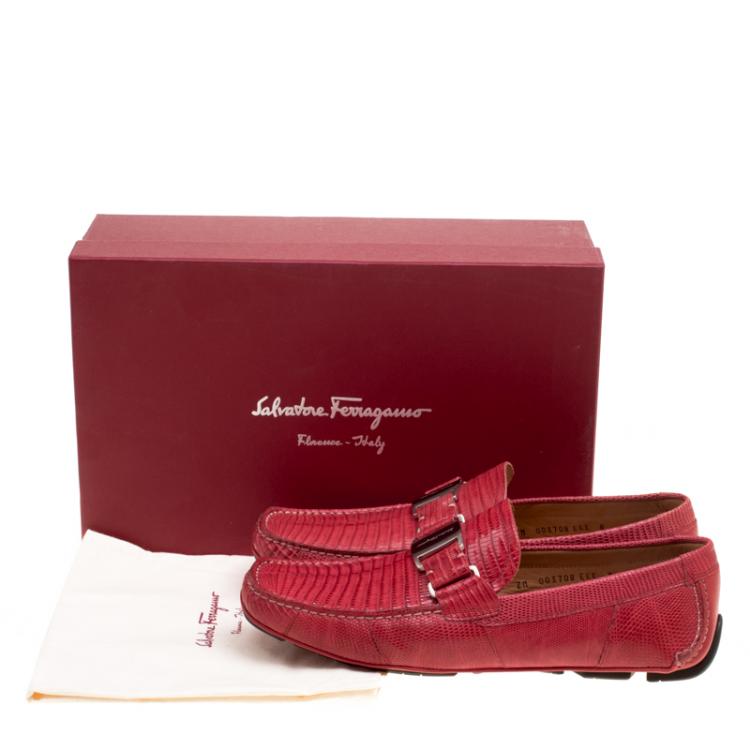 Pre Owned Salvatore Ferragamo Coral Red Lizard Sardegna Loafers Size 42