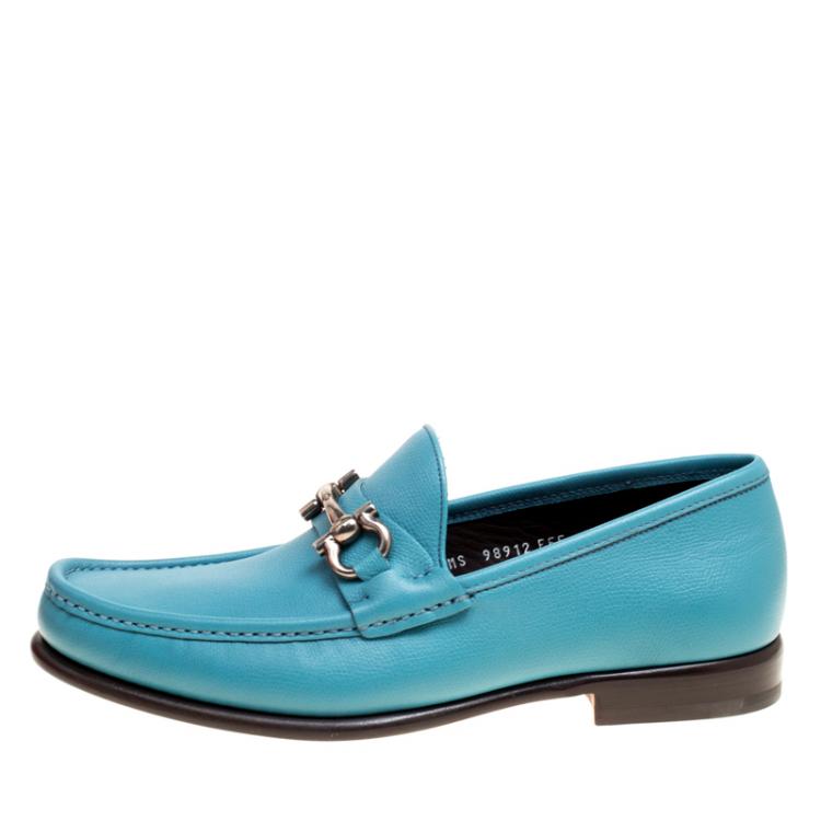 مملوكة مسبقًا Salvatore Ferragamo Blue Leather Mason Gancio Bit Loafers Size 42