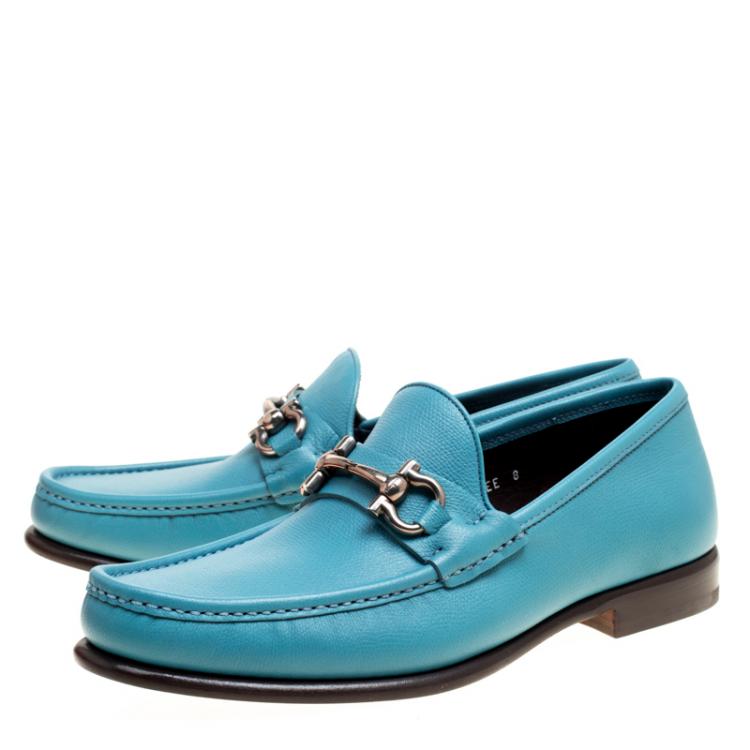 مملوكة مسبقًا Salvatore Ferragamo Blue Leather Mason Gancio Bit Loafers Size 42