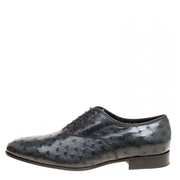Pre Owned Salvatore Ferragamo Slate Grey Ostrich Leather Gris Oxfords Size 45