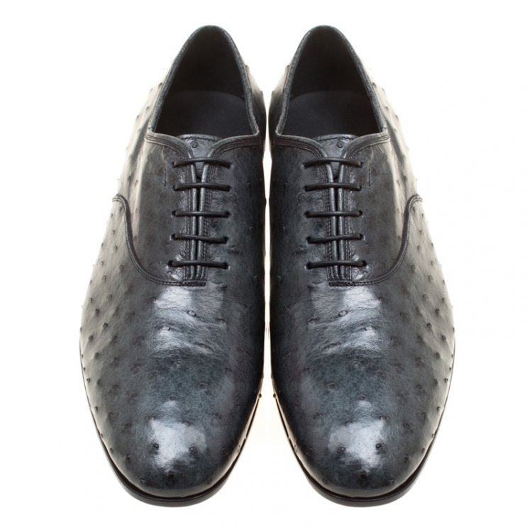 Pre Owned Salvatore Ferragamo Slate Grey Ostrich Leather Gris Oxfords Size 45