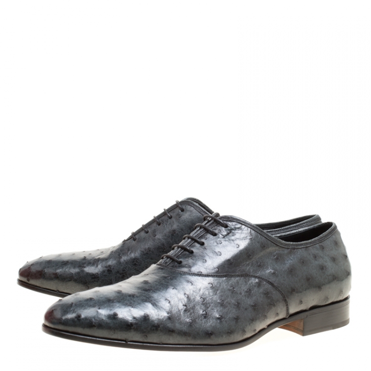 Pre Owned Salvatore Ferragamo Slate Grey Ostrich Leather Gris Oxfords Size 45