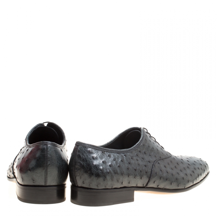 Pre Owned Salvatore Ferragamo Slate Grey Ostrich Leather Gris Oxfords Size 45