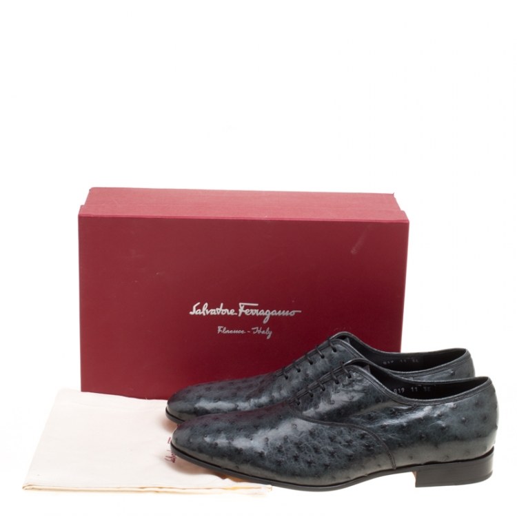 Pre Owned Salvatore Ferragamo Slate Grey Ostrich Leather Gris Oxfords Size 45