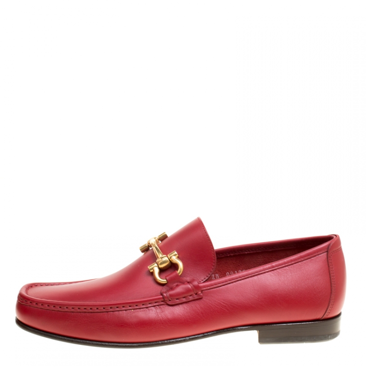 Pre Owned Salvatore Ferragamo Red Leather Giordano Moccassins Size 44.5