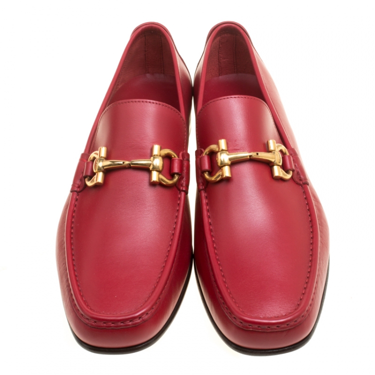 Pre Owned Salvatore Ferragamo Red Leather Giordano Moccassins Size 44.5