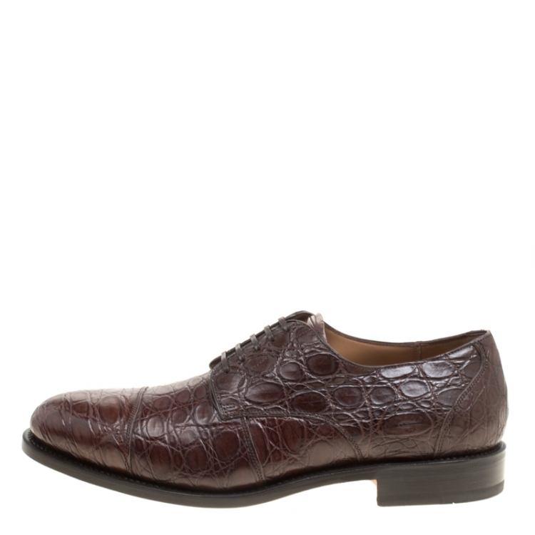 مملوكة مسبقًا Salvatore Ferragamo Mocca Crocodile Leather Nordland Derby Size 42