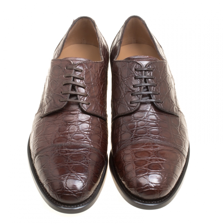 مملوكة مسبقًا Salvatore Ferragamo Mocca Crocodile Leather Nordland Derby Size 42