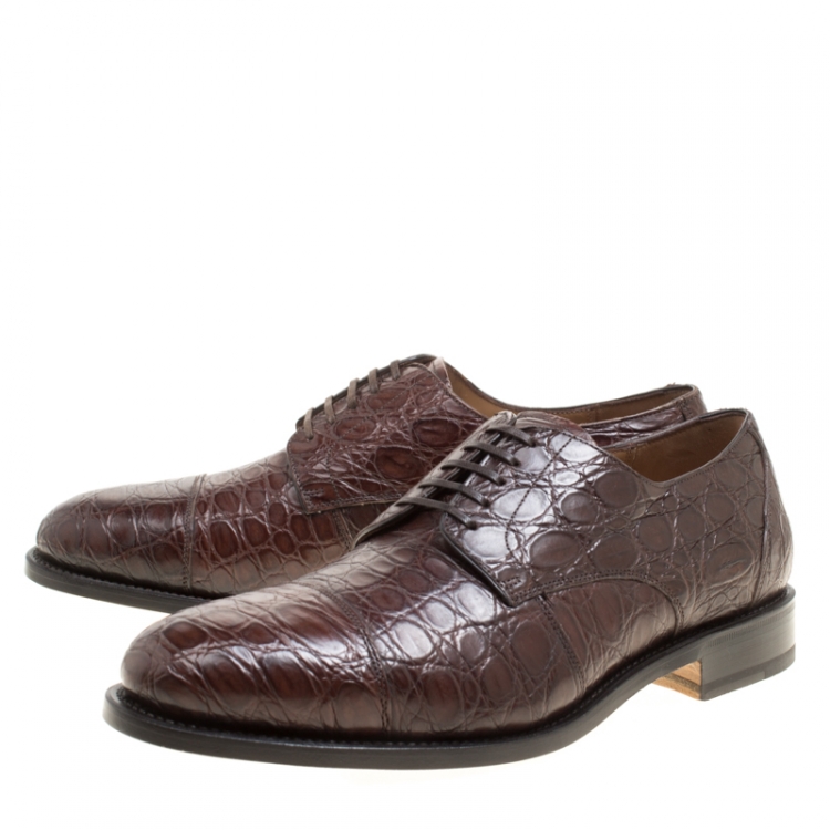 مملوكة مسبقًا Salvatore Ferragamo Mocca Crocodile Leather Nordland Derby Size 42