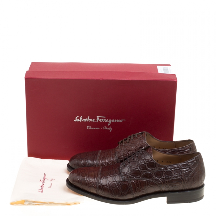 مملوكة مسبقًا Salvatore Ferragamo Mocca Crocodile Leather Nordland Derby Size 42