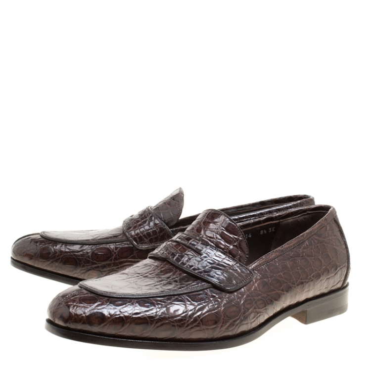 Pre Owned Salvatore Ferragamo Mocca Crocodile Leather Pablo Penny Loafers Size 42.5