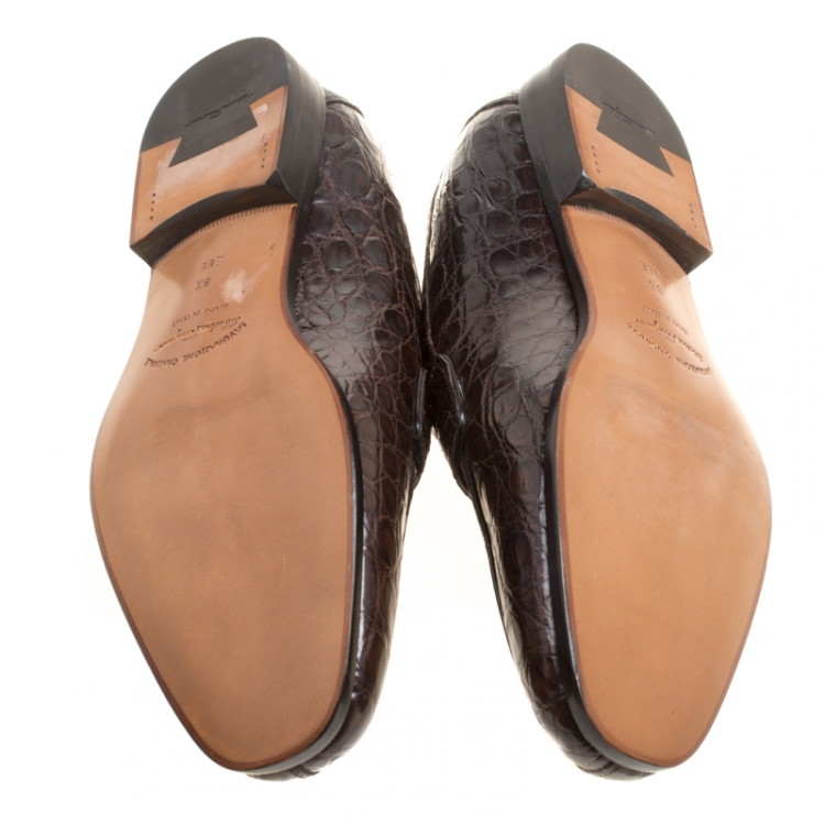 Pre Owned Salvatore Ferragamo Mocca Crocodile Leather Pablo Penny Loafers Size 42.5