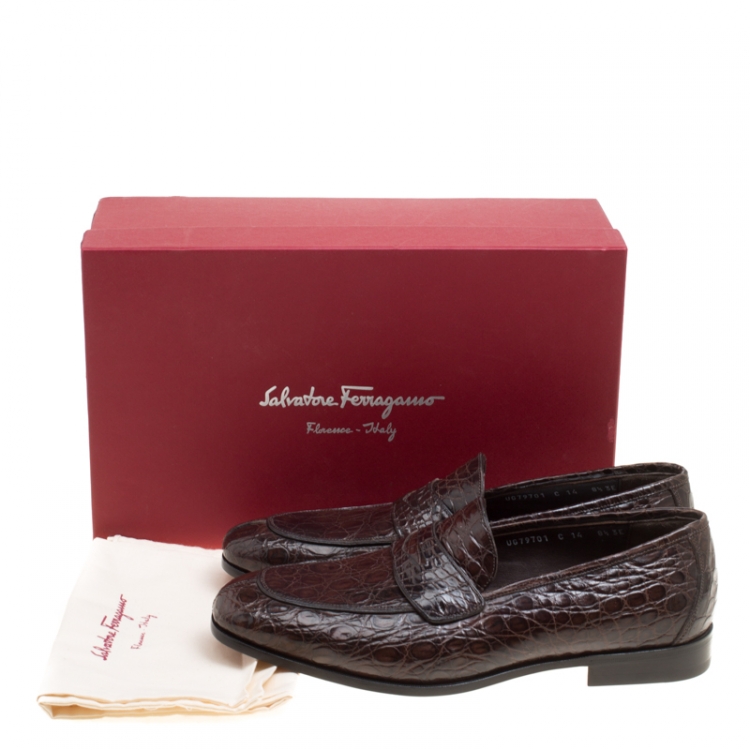 Pre Owned Salvatore Ferragamo Mocca Crocodile Leather Pablo Penny Loafers Size 42.5