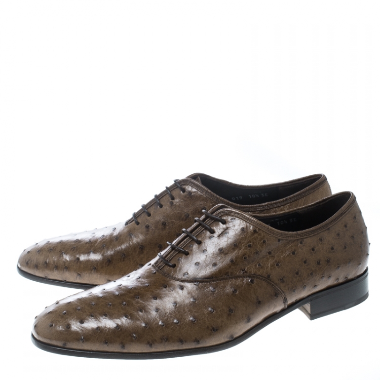Pre Owned Salvatore Ferragamo Light Brown Ostrich Leather Gris Oxfords Size 43.5