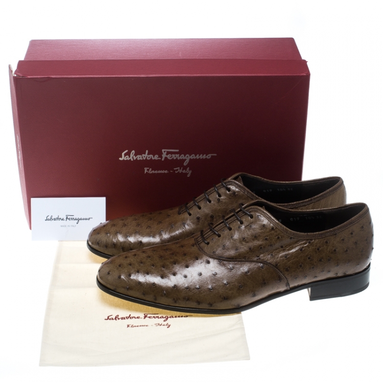Pre Owned Salvatore Ferragamo Light Brown Ostrich Leather Gris Oxfords Size 43.5