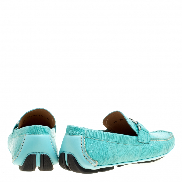 Pre Owned Salvatore Ferragamo Aqua Green Lizard Sardegna Loafers Size 42.5