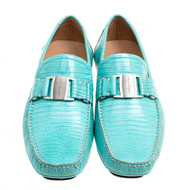 Pre Owned Salvatore Ferragamo Aqua Green Lizard Sardegna Loafers Size 42.5