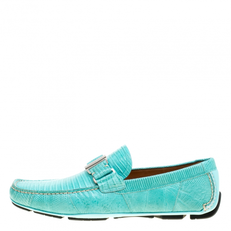 Pre Owned Salvatore Ferragamo Aqua Green Lizard Sardegna Loafers Size 42.5