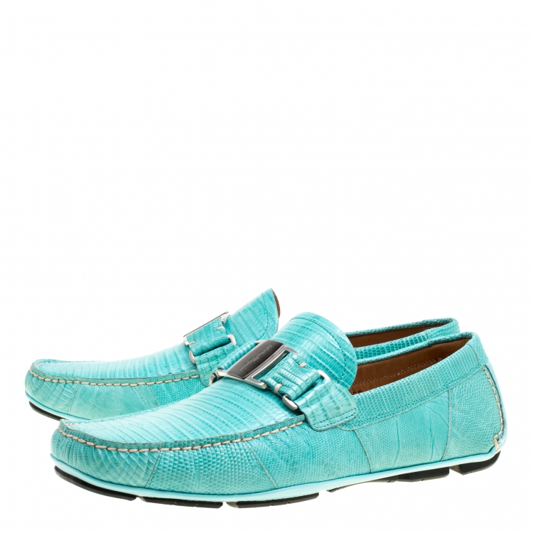 Pre Owned Salvatore Ferragamo Aqua Green Lizard Sardegna Loafers Size 42.5